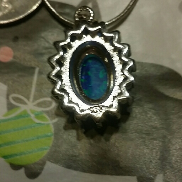 SOLD Created Blue Fire and Sapphire Halo Necklace - Picture 5 of 5